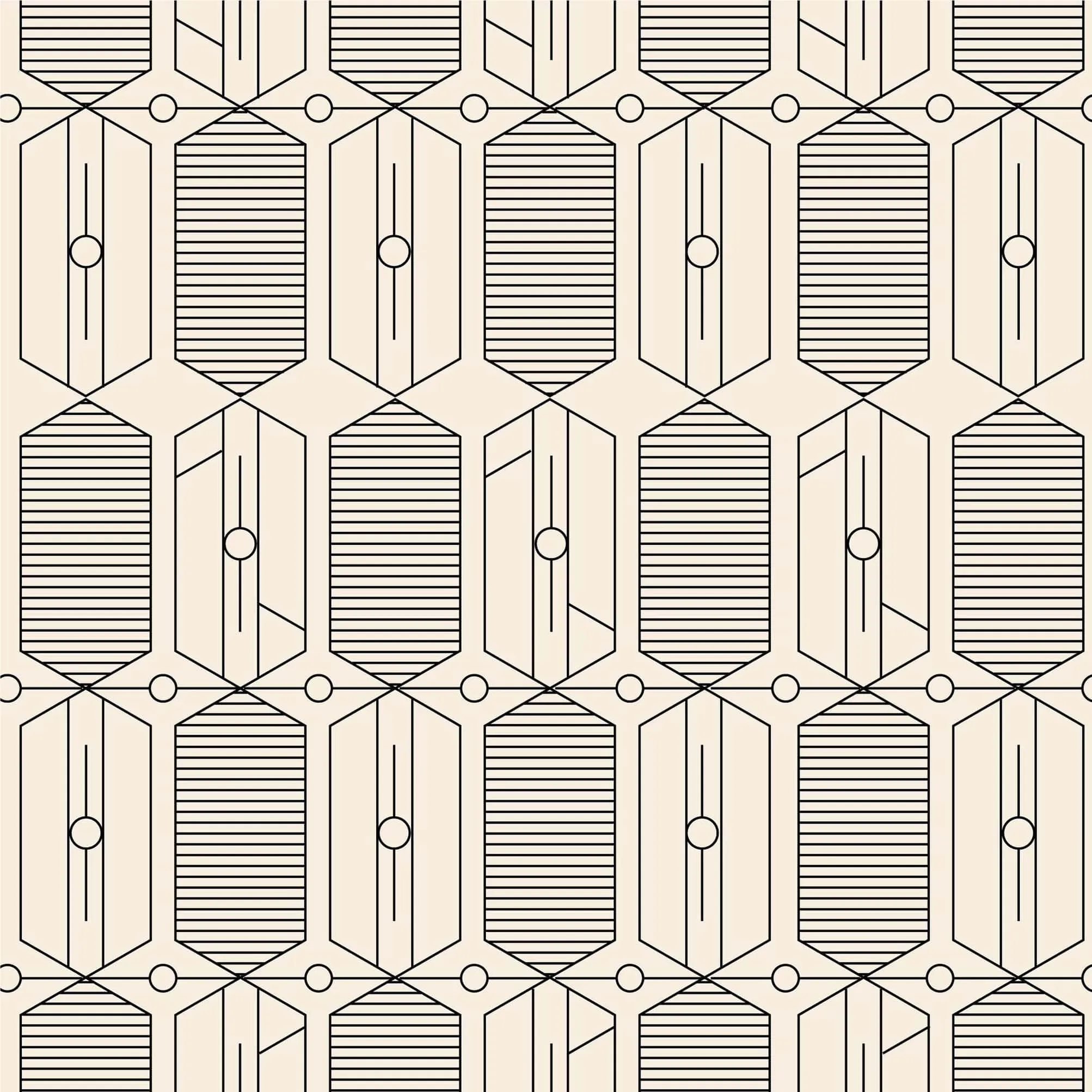 Seamless geometric pattern of hexagonal shapes with thin black lines and circles on a beige background.