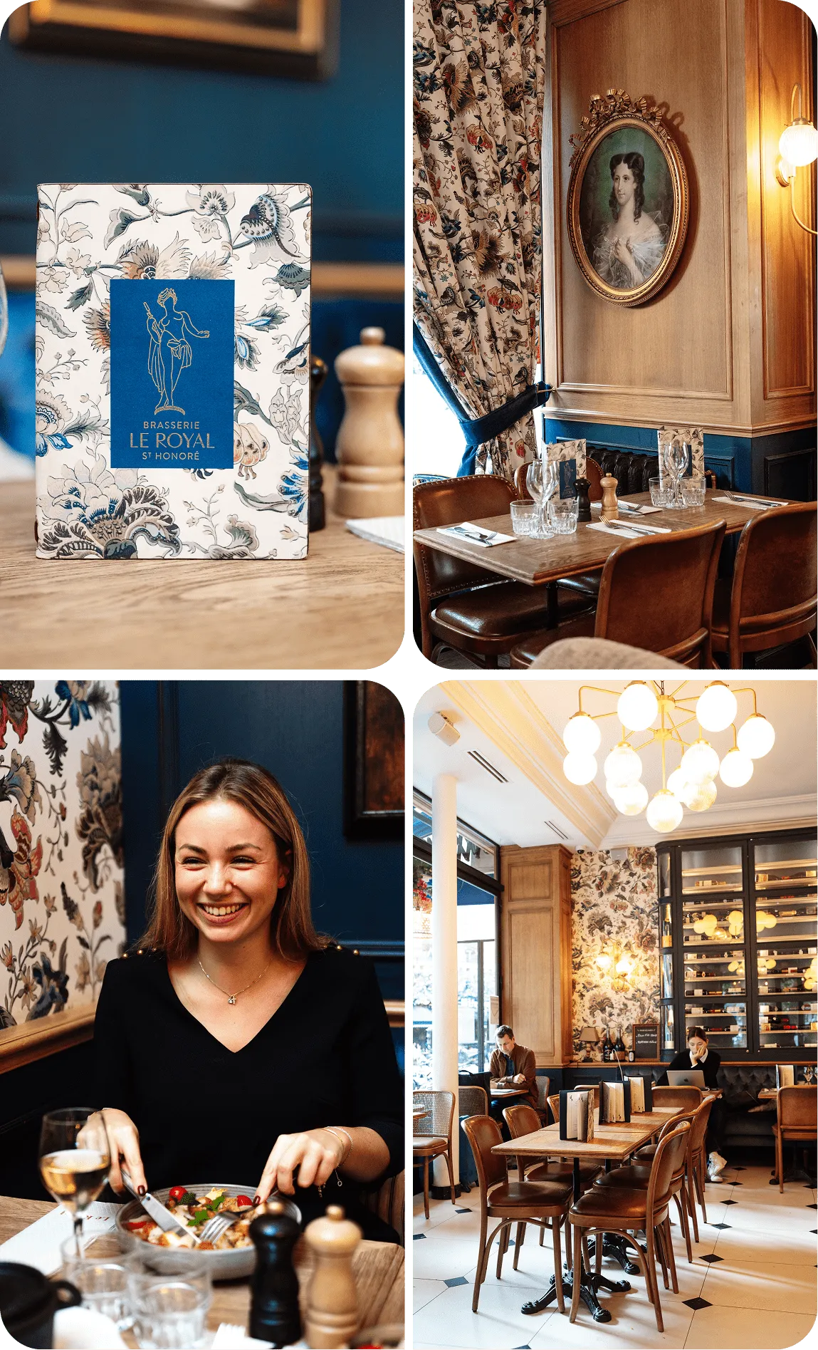 Collage of a cozy restaurant interior with floral decor, a woman enjoying a meal, and neatly set tables.