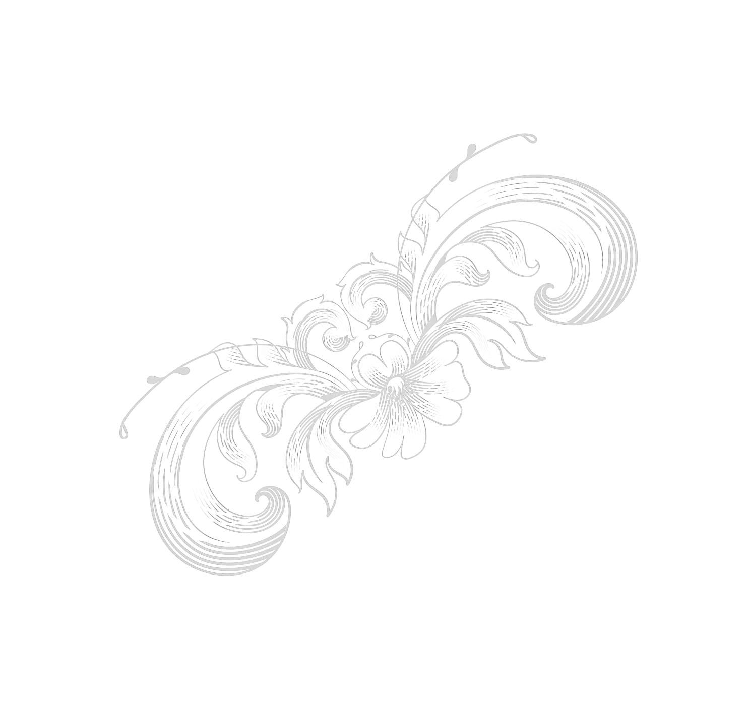 Ornate symmetrical silver floral ornament with swirling leaves and flourishes on a transparent background.