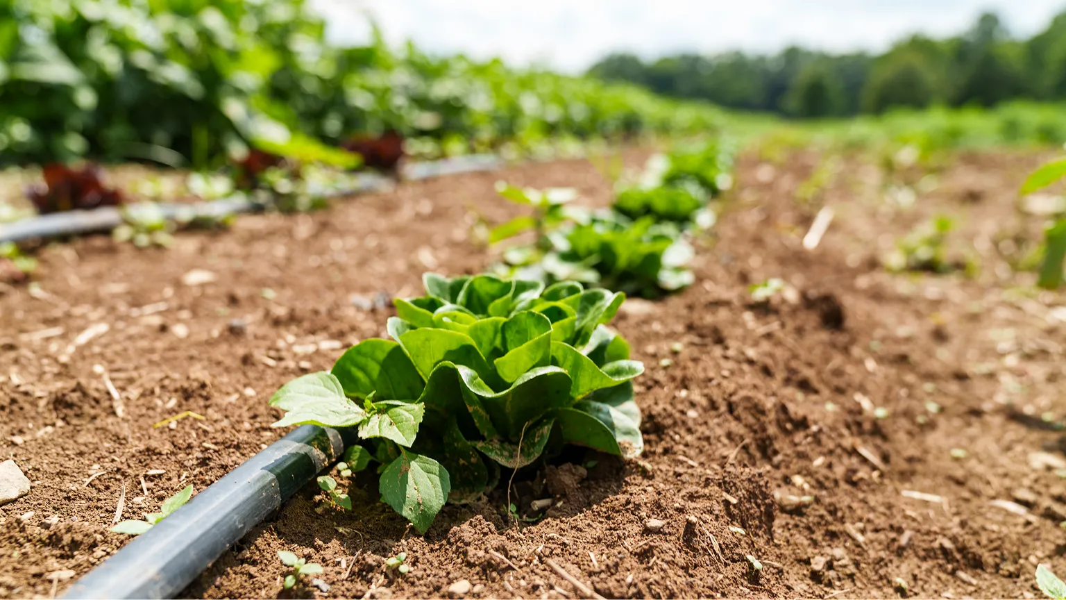 Close-up of a leafy green plant growing in a farm field with drip irrigation pipes.