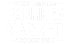 Logo with text West Virginia Farmers Market Association in bold white font on black background.