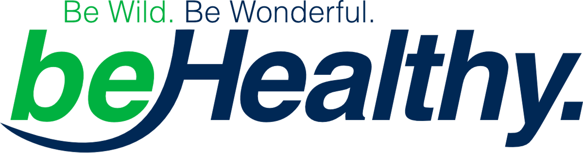 Text logo with the phrase 'Be Wild. Be Wonderful.' above the bolded words 'be Healthy.' with 'be' in green and 'Healthy.' in dark blue.