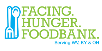 Facing Hunger Foodbank logo with blue fork, spoon, and knife icon and text serving WV, KY & OH.