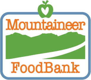 Mountaineer Food Bank logo with green mountain silhouette, orange text, and green apple graphic on top.
