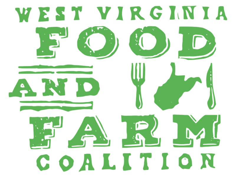Green text reading 'West Virginia Food and Farm Coalition' with a fork, knife, and West Virginia state silhouette icons.