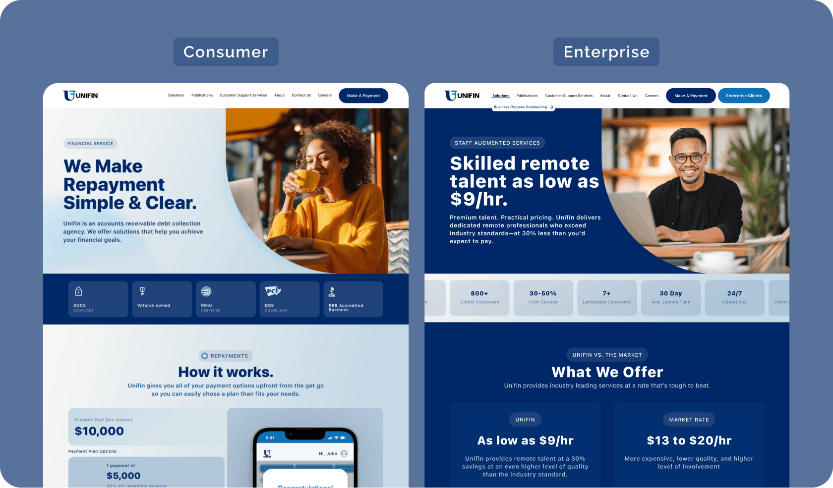 A side by side comparison of the consumer and enterprise specific screens.