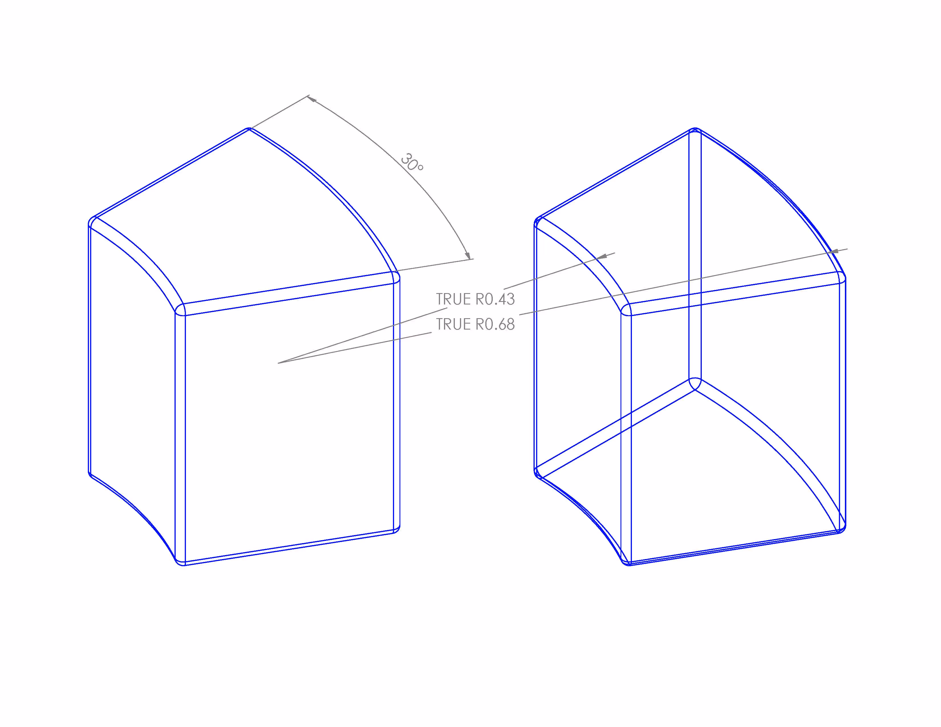 Technical drawing of a custom arc magnet with two perspective views, showing a 30-degree arc angle and radii measurements of 0.43 and 0.68.