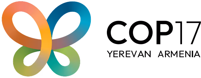 Colorful abstract butterfly shape logo with gradient colors next to text reading 'COP17 Yerevan Armenia.'