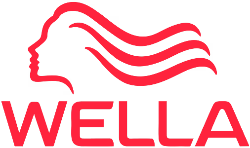 Red stylized profile of a woman with flowing hair above the word WELLA in red uppercase letters.