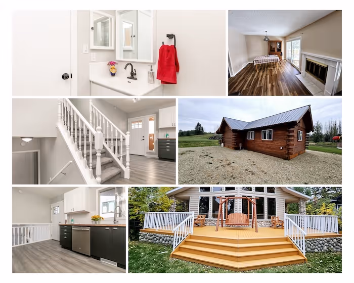 Collage of six images showing a wooden cabin exterior with metal roof, interior views of a dining room with fireplace, kitchen with dark cabinets and stainless steel dishwasher, carpeted staircase with white railing, bathroom vanity with red towel, and a backyard deck with wooden swing and white railing.