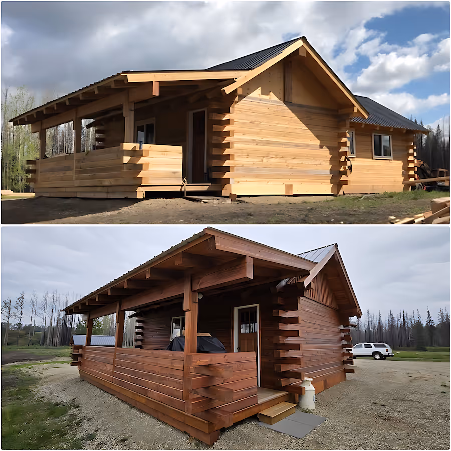 Before-and-after photos of a log cabin exterior showing the natural unfinished wood in the top image and the stained, completed cabin in the bottom image.