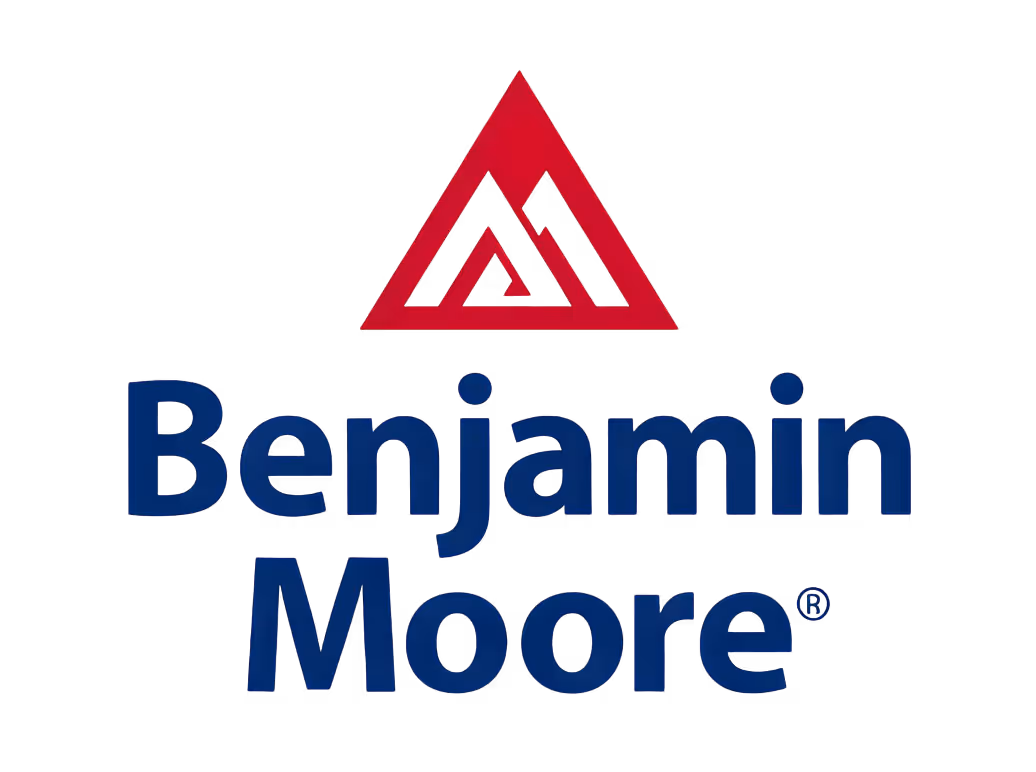 Benjamin Moore logo with red triangular icon above blue company name on a dark background