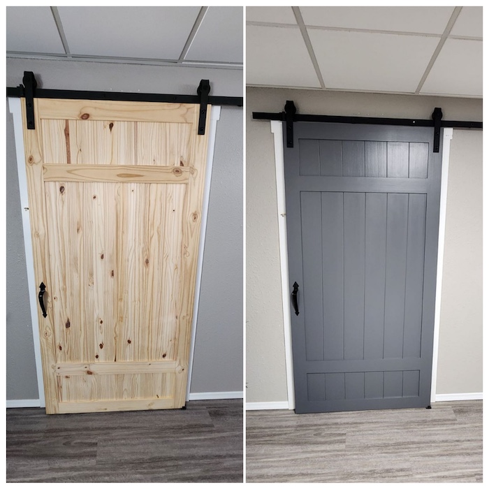Before and after slide door painted from yellow to gray