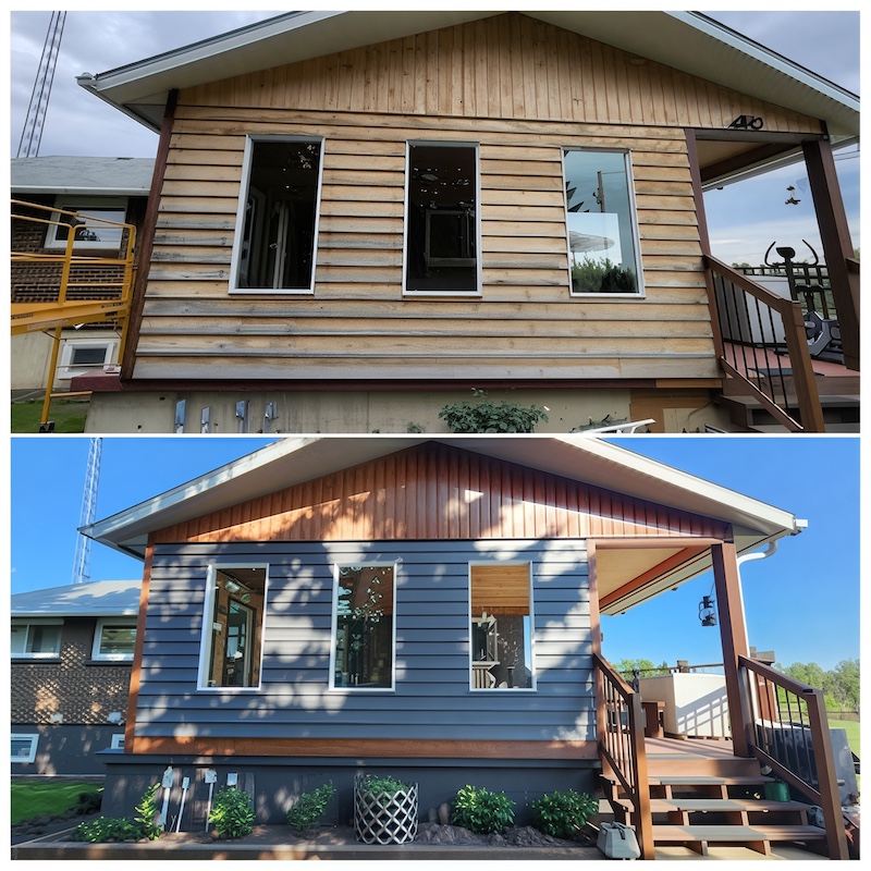Side-by-side exterior renovation before and after, showing an unfinished wood facade transformed into a modern home with blue siding, new windows, and updated trim.
