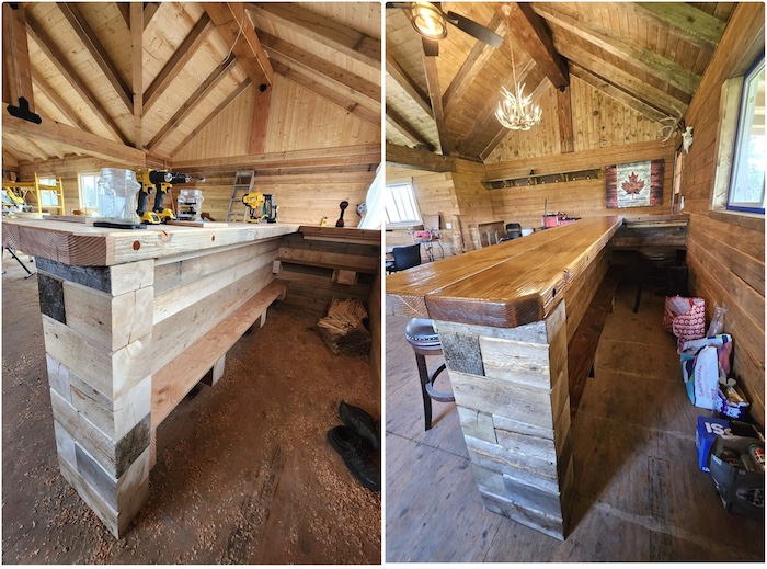 Side-by-side view of custom wooden bar counters under construction inside a timber-frame building with exposed beams and natural wood surfaces.