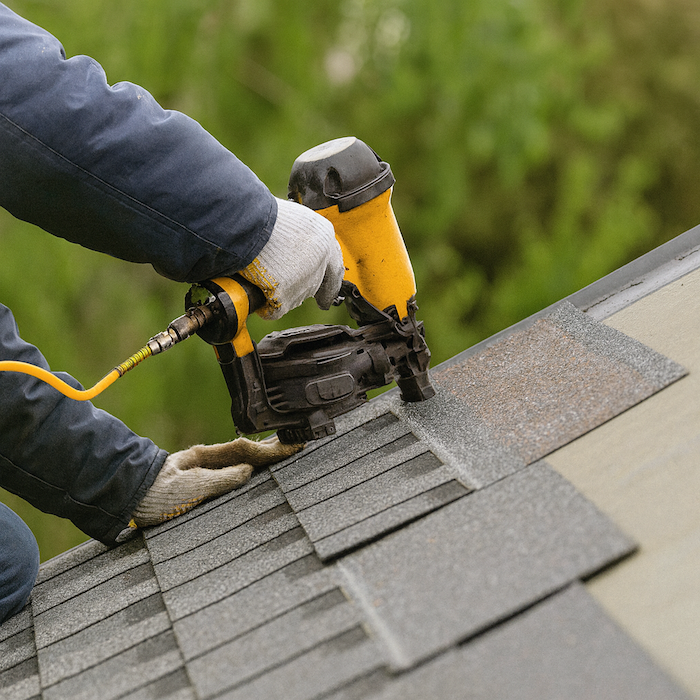 man installing shingles on his roof