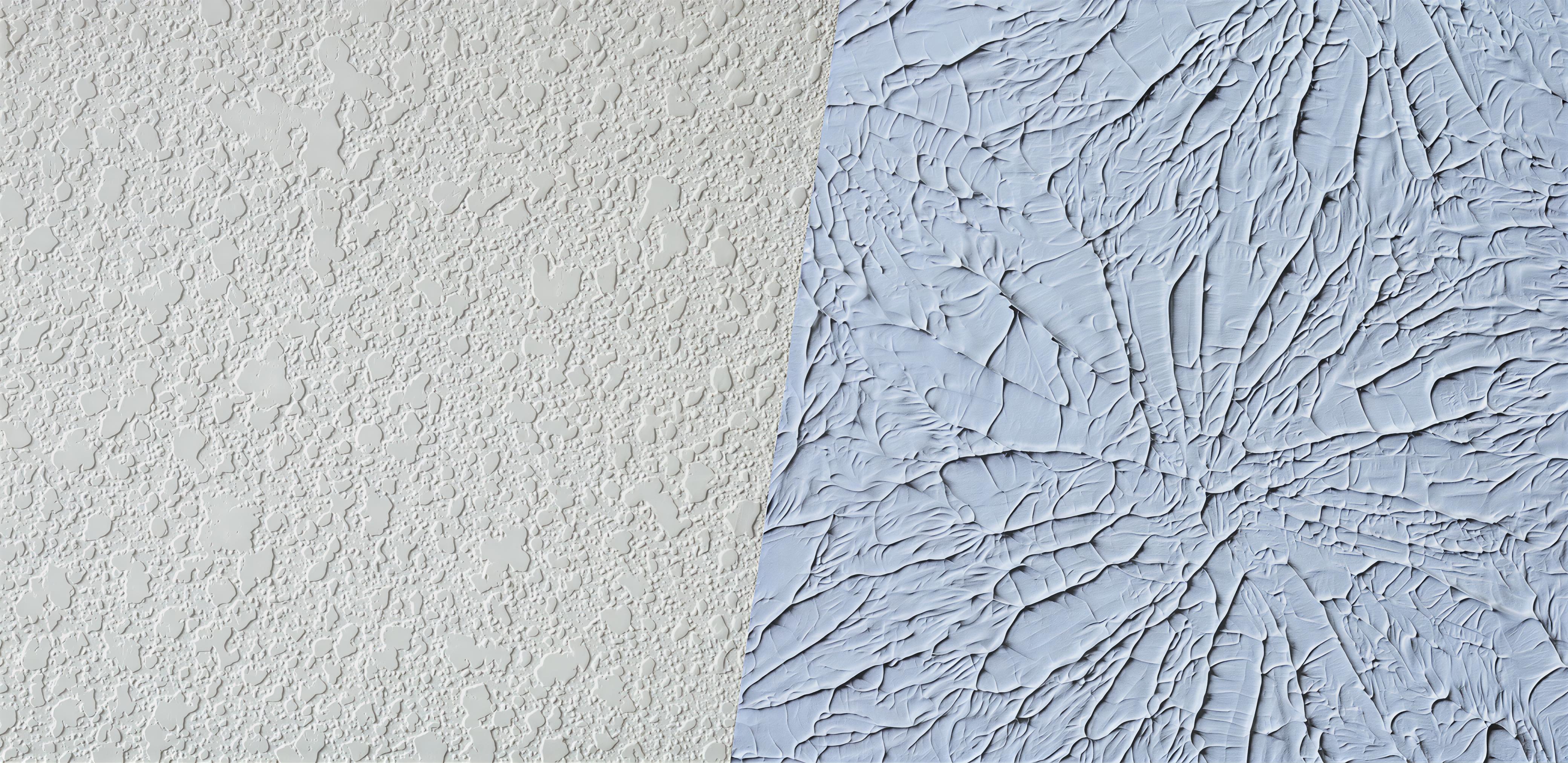 Close-up comparison of two textured wall finishes, showing a smooth white surface on the left and a detailed blue patterned texture on the right.