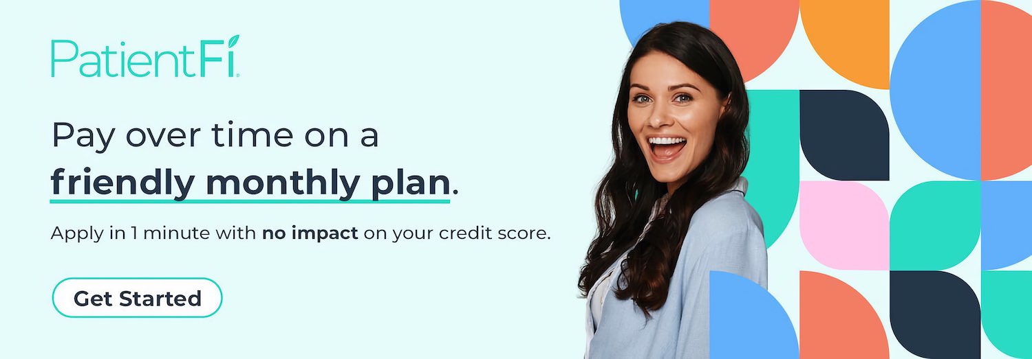 Smiling woman in a light blue blazer with colorful abstract shapes next to text promoting PatientFi's friendly monthly payment plan with no credit score impact and a Get Started button.