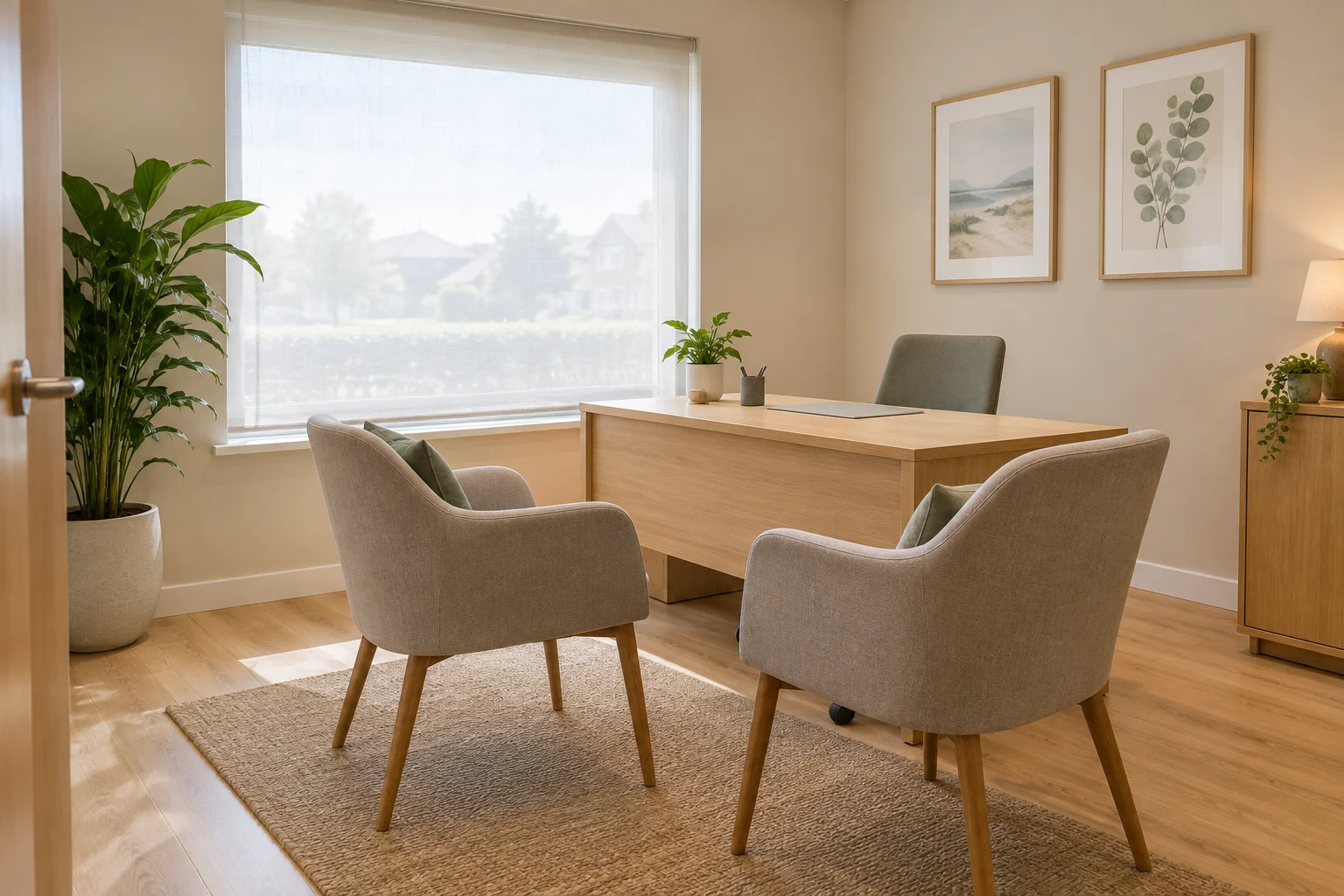 Bright, empty dental consultation room with two chairs at a desk in Lansdale, PA