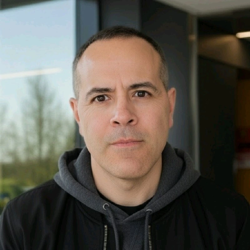 Portrait of a man with short hair wearing a dark hoodie and jacket, standing in front of a window with blurred greenery outside.