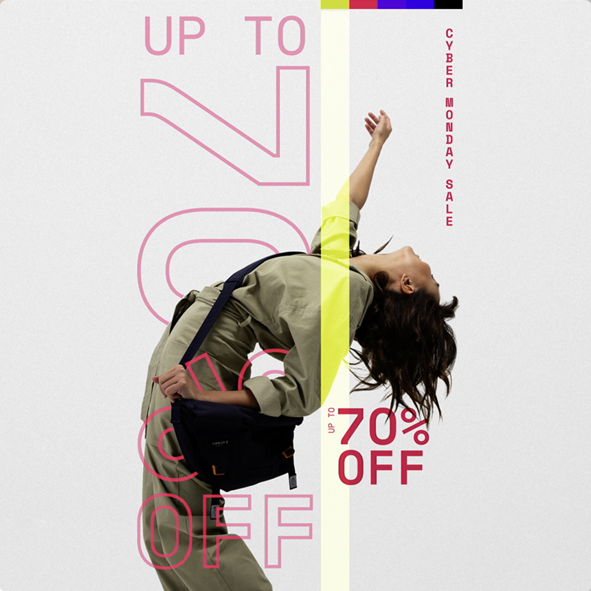 Woman in beige outfit leaning backward with a black shoulder bag, text overlay reading 'Up to 70% off Cyber Monday sale.'