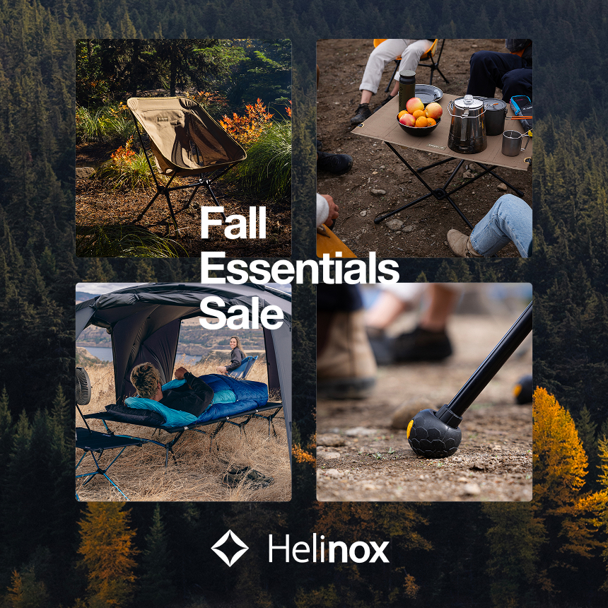 Collage of camping essentials including a portable chair, camping table with fruit and coffee gear, people relaxing in a tent with sleeping bags, and a trekking pole tip on dirt.