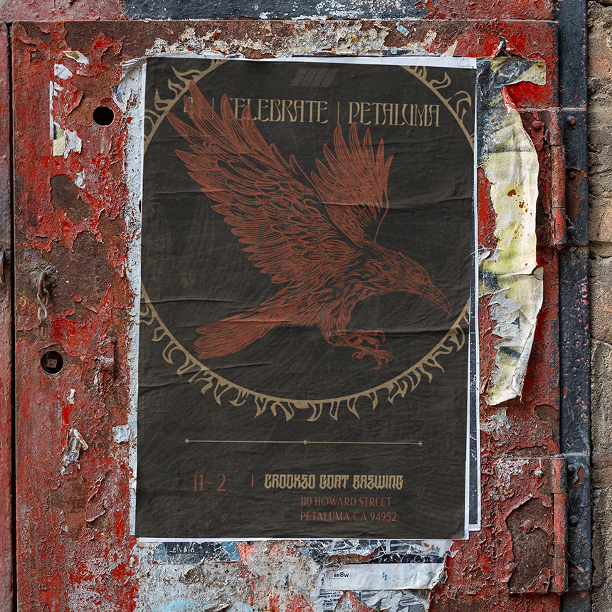 Poster on a rusty red metal surface featuring an illustration of a large bird in flight and text about a Petaluma event at Crooked Goat Brewing.