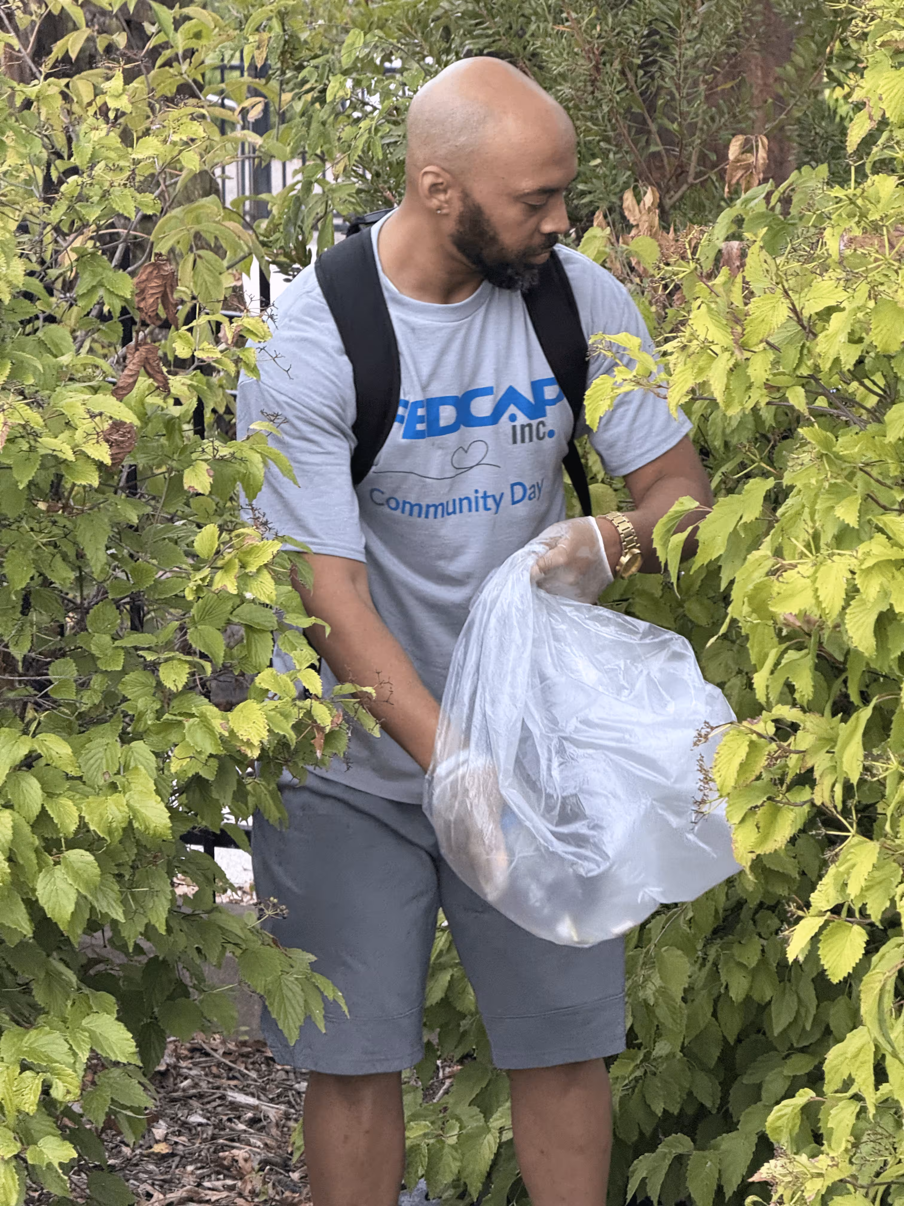Man wearing a grey Fedcap Inc. Community Day shirt and gloves holding a plastic bag while cleaning up surrounded by green bushes.