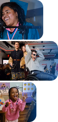 Collage of three photos: top shows a smiling woman with microphone, middle shows two people posing energetically at an indoor event, bottom shows a joyful child with raised hand.