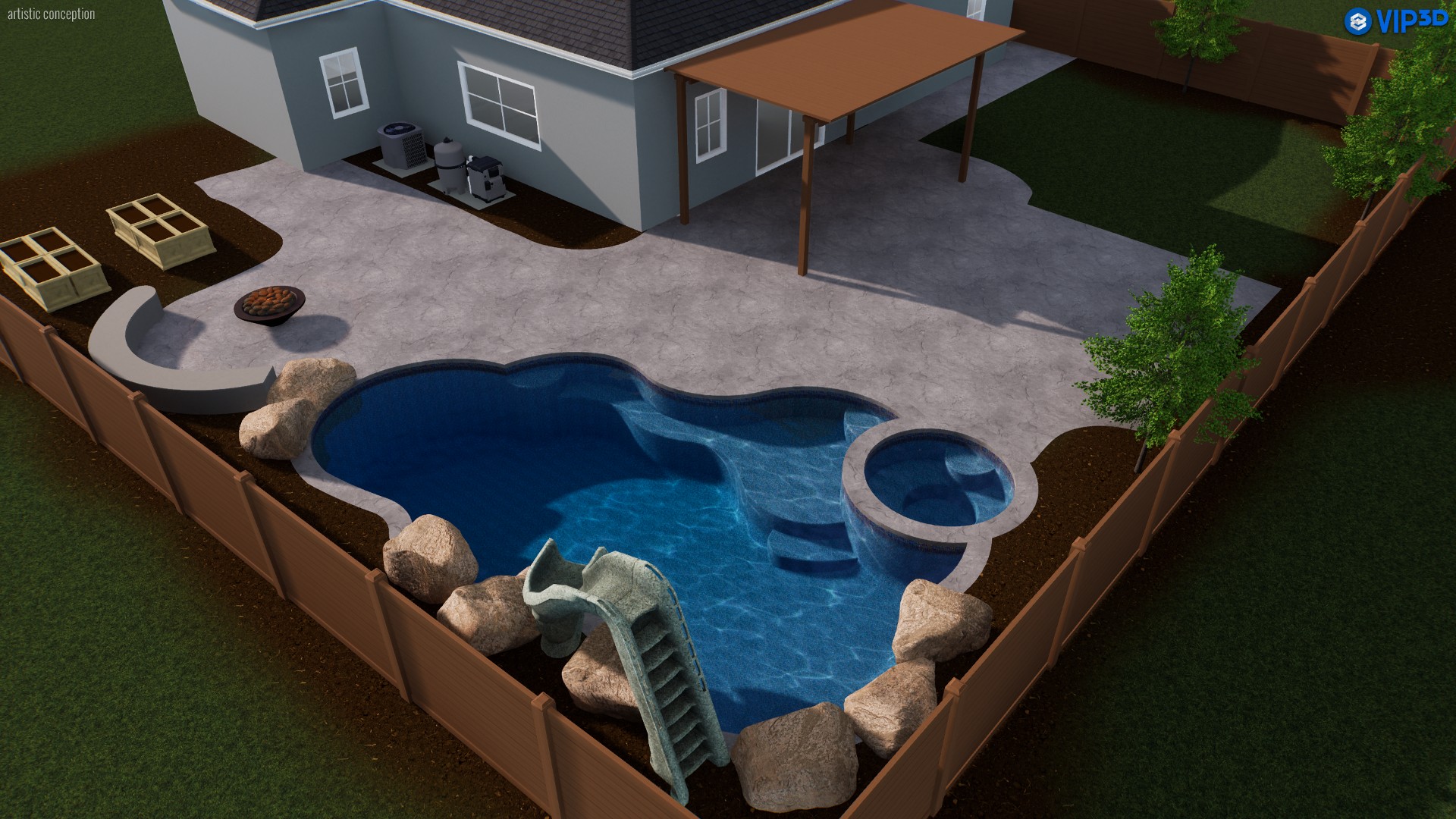Top-down view of a fenced backyard with a house, rectangular swimming pool with two white lounge chairs, a trampoline, and a tree casting a shadow on the grass.
