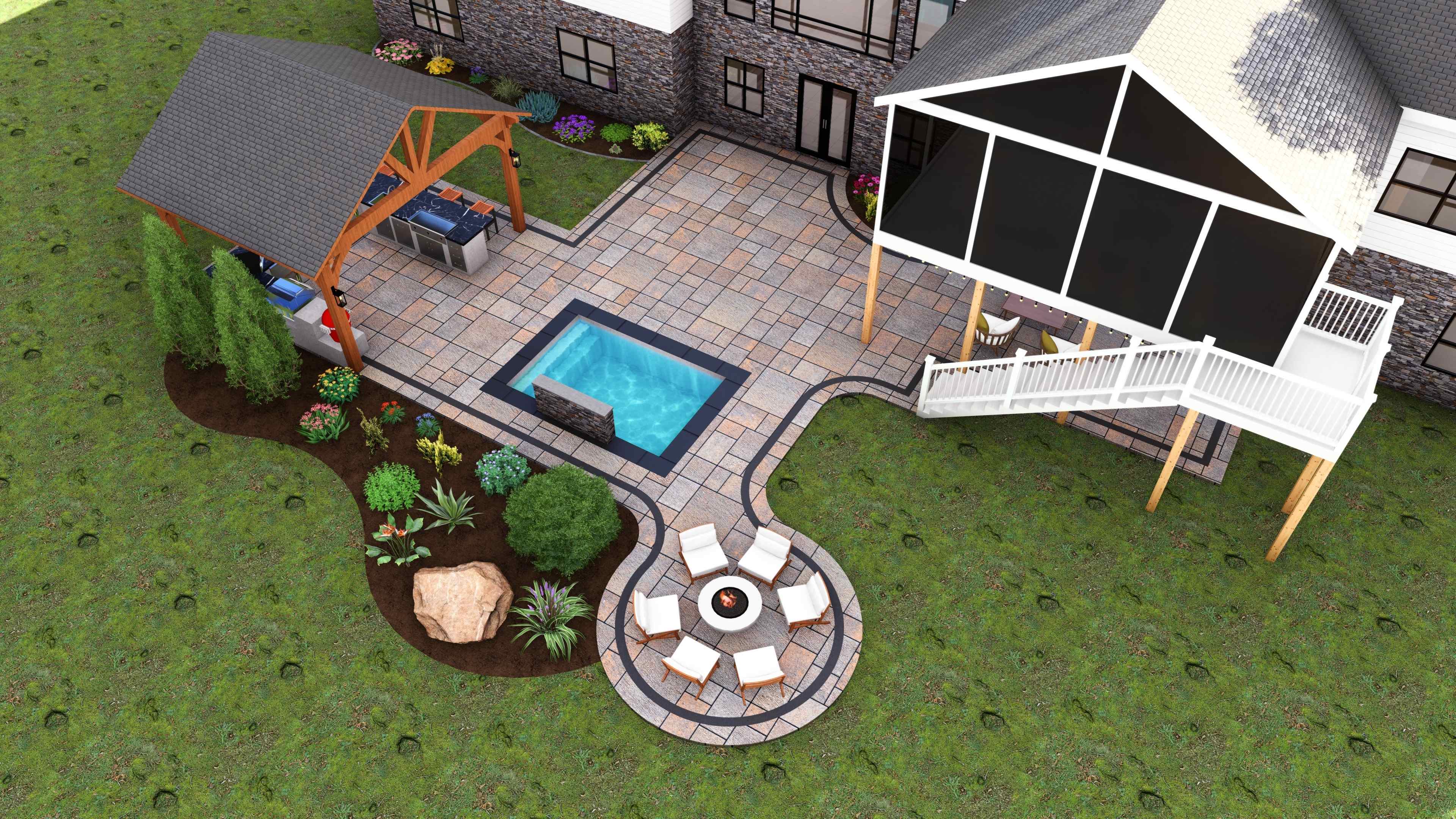 Top-down view of a fenced backyard with a house, rectangular swimming pool with two white lounge chairs, a trampoline, and a tree casting a shadow on the grass.