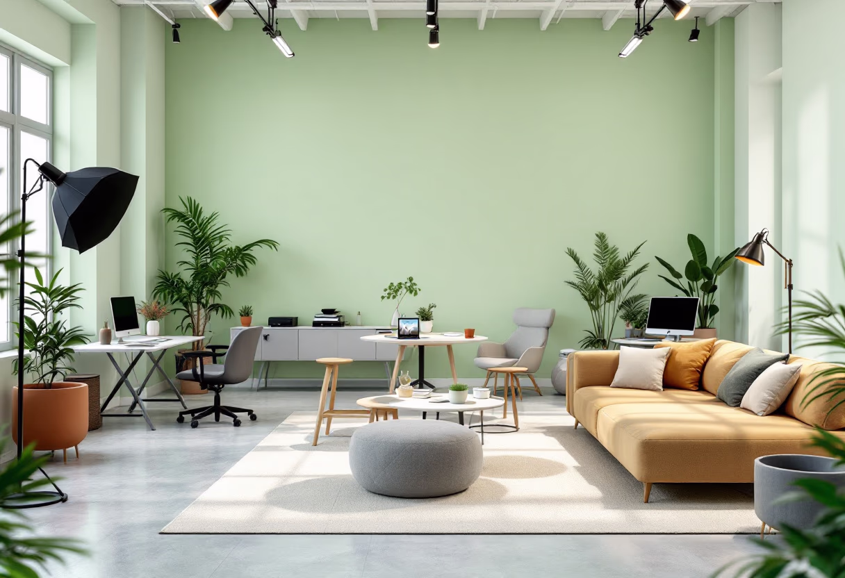 [background image] image of office workspace with desks (for a film production company).