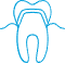 Blue outline of a tooth with a curved line above representing a smile.