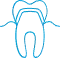 Blue outline of a tooth with a curved line above representing a smile.