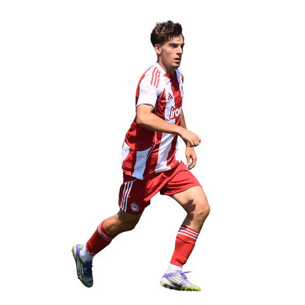 Male soccer player in red and white striped uniform running.