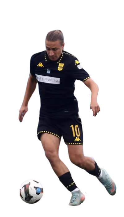 Soccer player wearing black and yellow uniform with number 10 dribbling a white soccer ball.