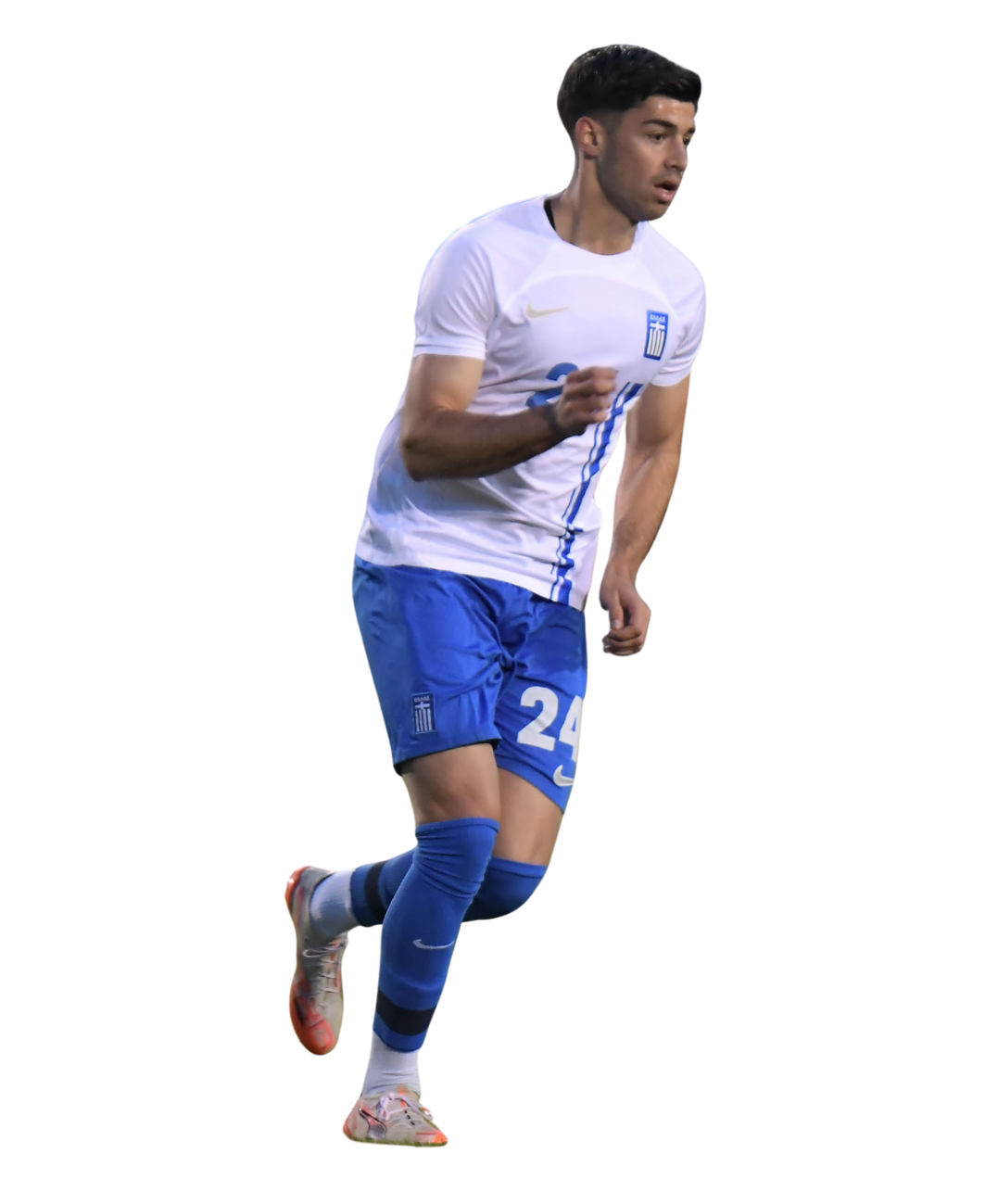 Male soccer player in white and blue uniform running, wearing number 24 jersey.