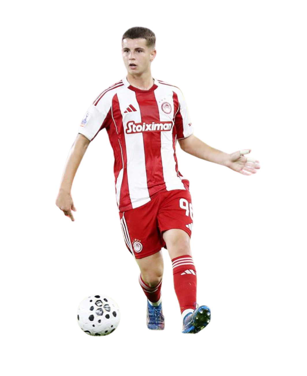 Soccer player in red and white striped jersey with number 96 controlling a black and white soccer ball.