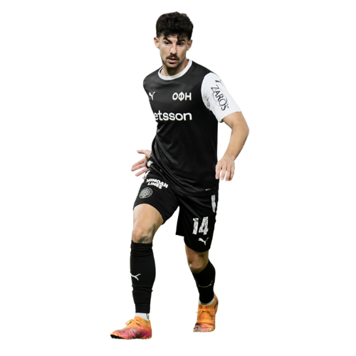 Male soccer player in black uniform with number 14 running and controlling the ball.