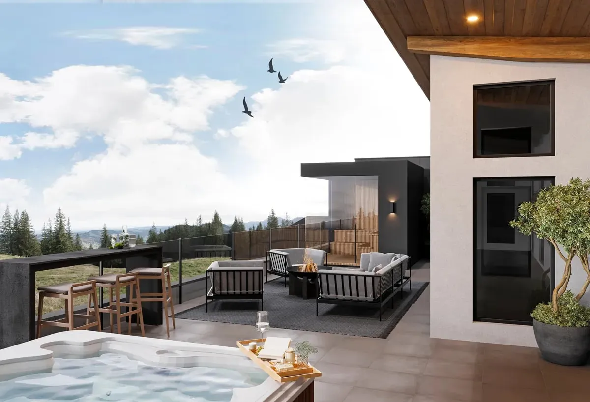 Modern outdoor patio with a hot tub, seating area with fire pit, bar stools, and glass railing overlooking trees and hills.