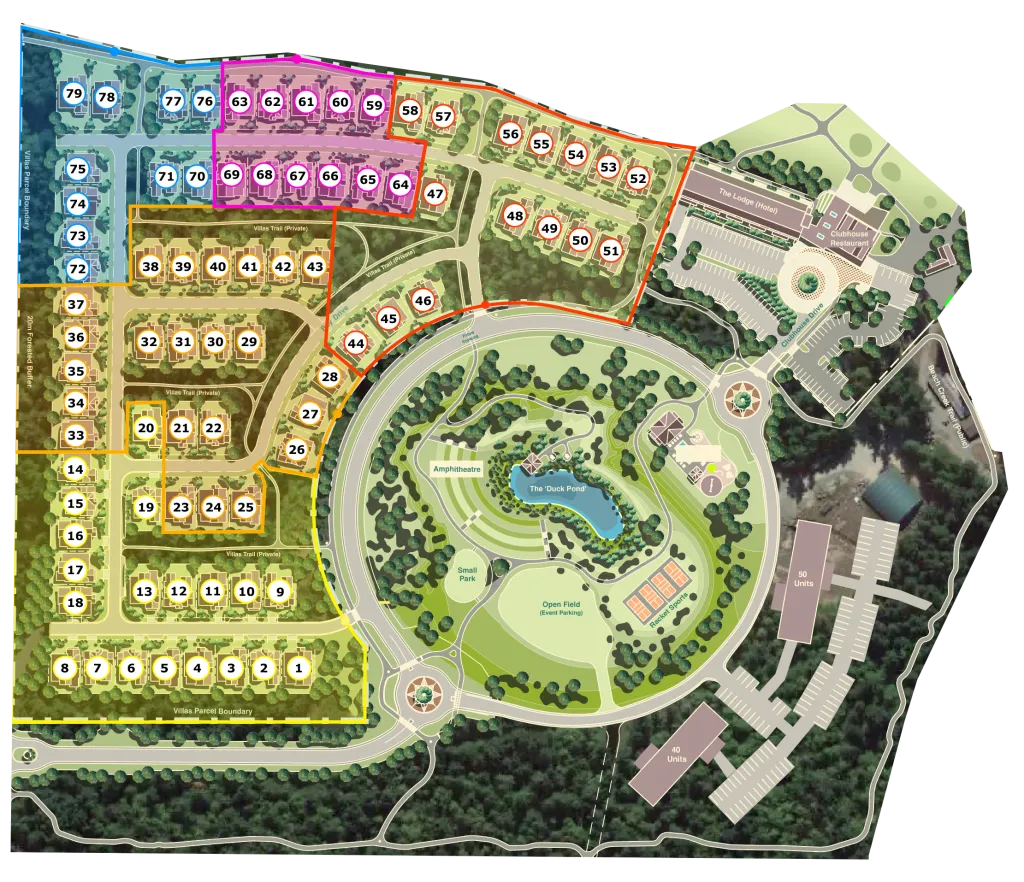 Detailed community site map showing numbered residential lots in color-coded zones, a central circular park with a pond and amphitheater, parking areas, clubhouse with restaurant, hotel, and resort sports courts.