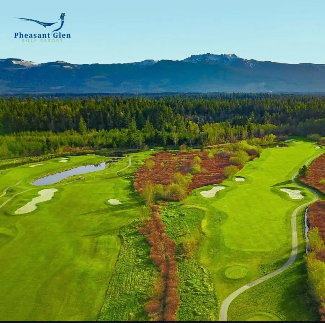 Aerial view of a green golf course with sand bunkers, a pond, surrounding trees, and distant mountains under a clear blue sky.