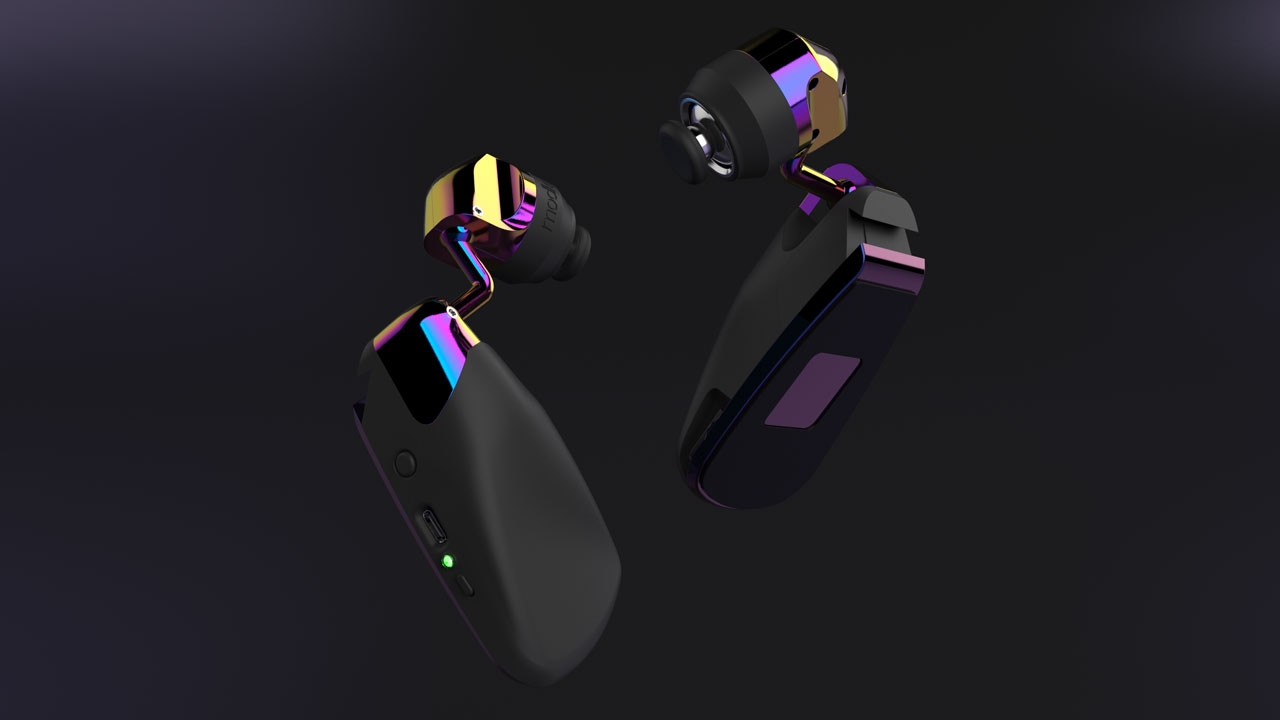 Pair of sleek Mimics with iridescent purple and gold accents on a dark background.