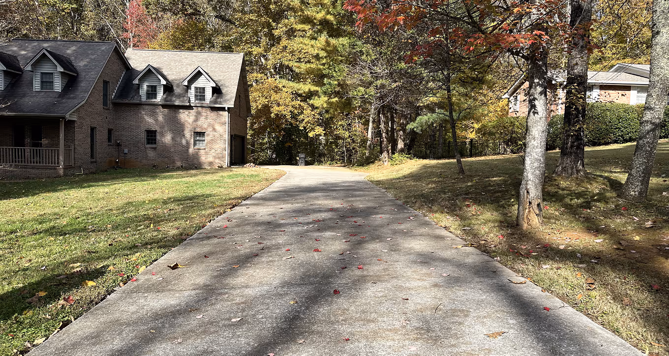 Concrete driveway lined with fallen leaves leading to a suburban brick house 