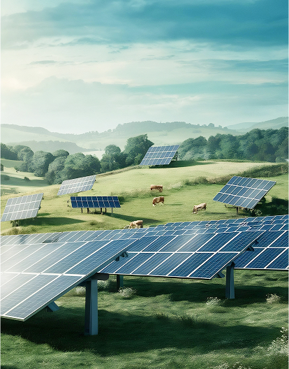 Solar panels in a green field with hills.