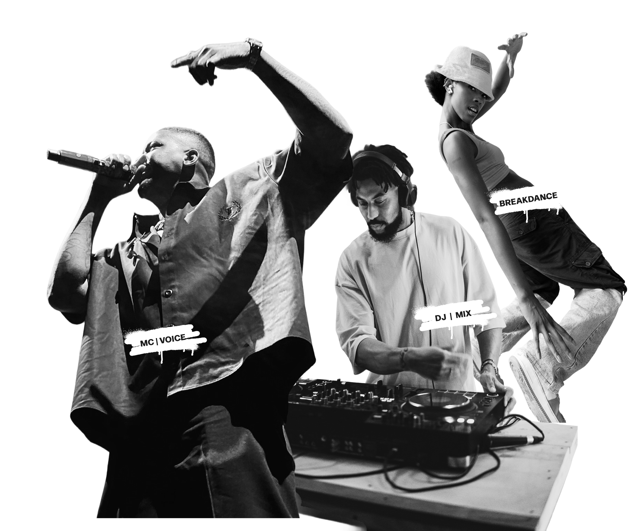 Black and white image of an MC rapping, a DJ mixing music, and a breakdancer posing dynamically.