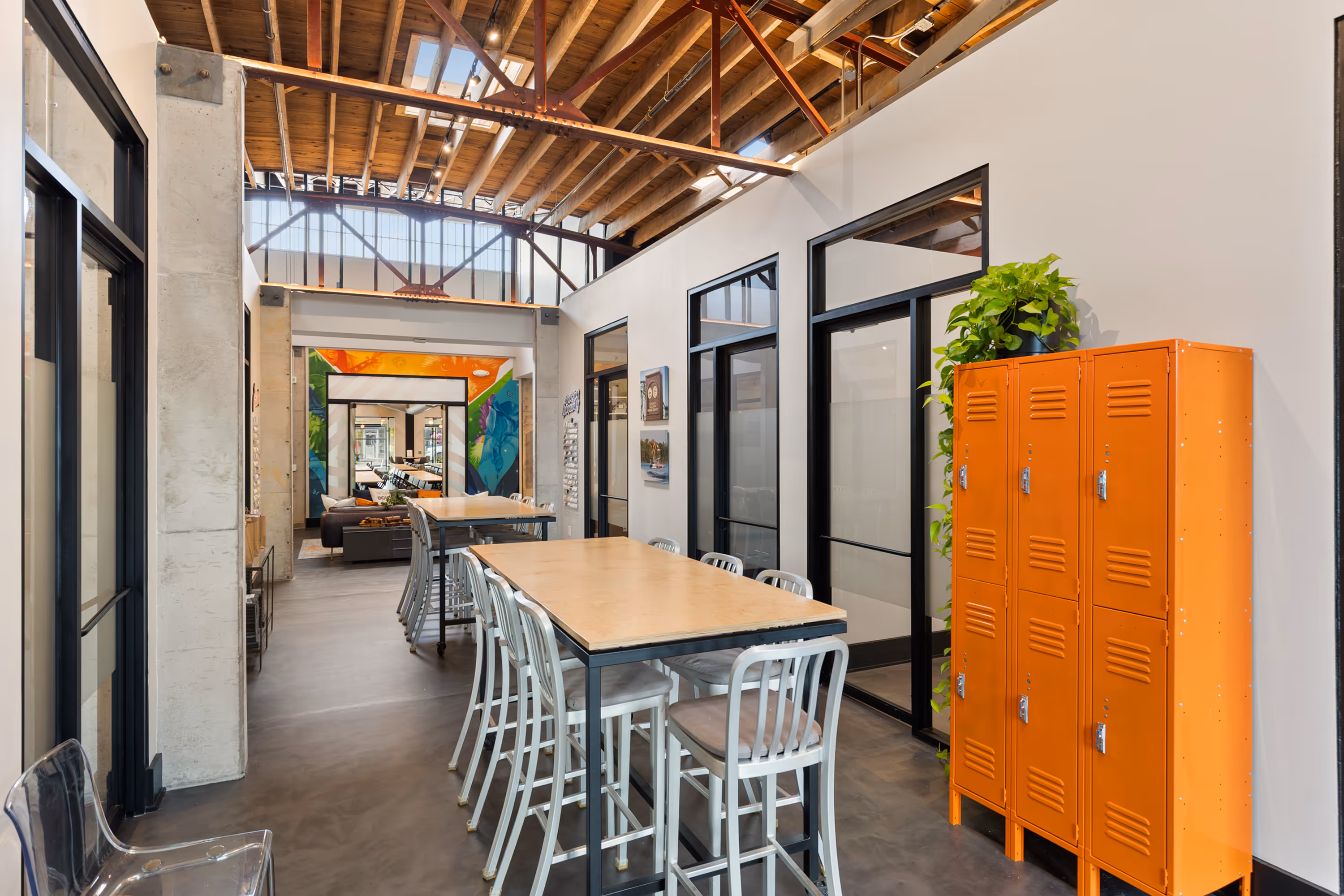 Common seating in Station Gallatin near some shared lockers.