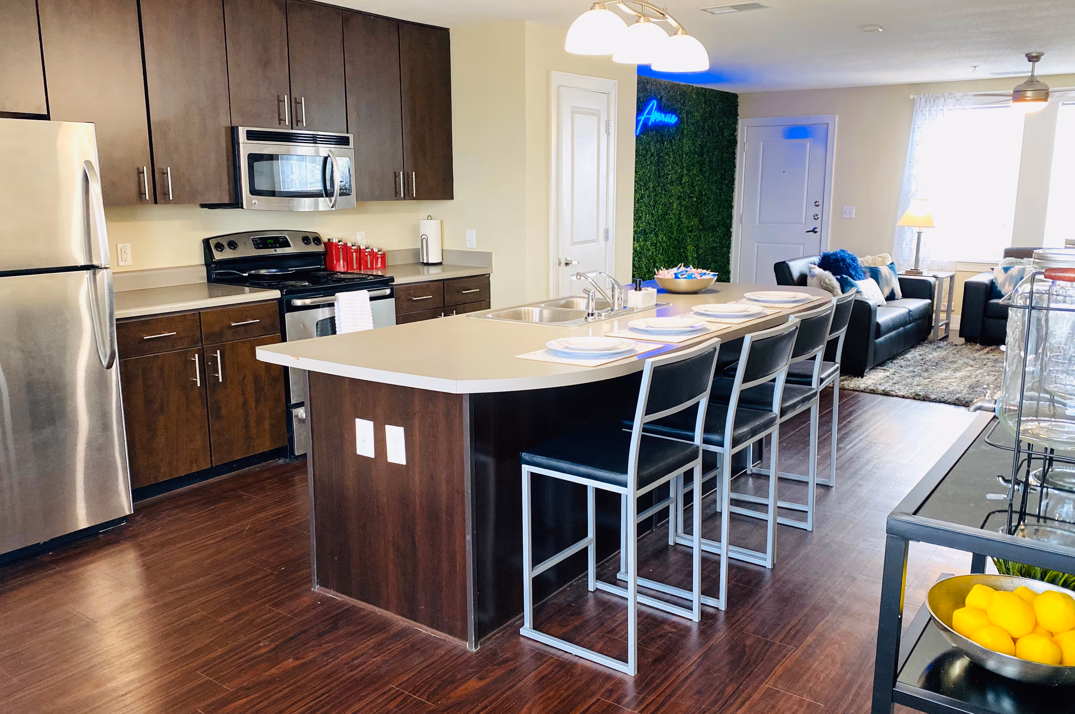 Kitchen with island and brown cabinets