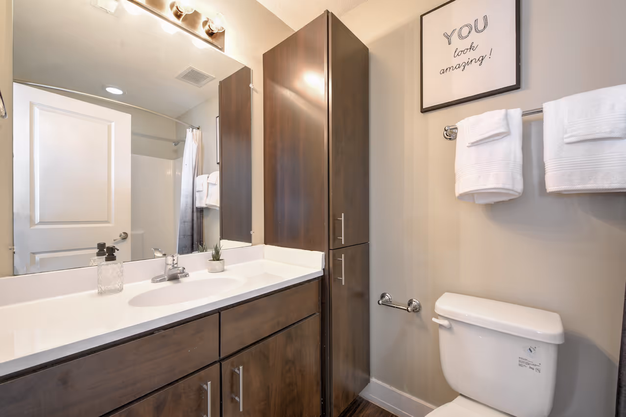Bathroom with brown cabinets and sink