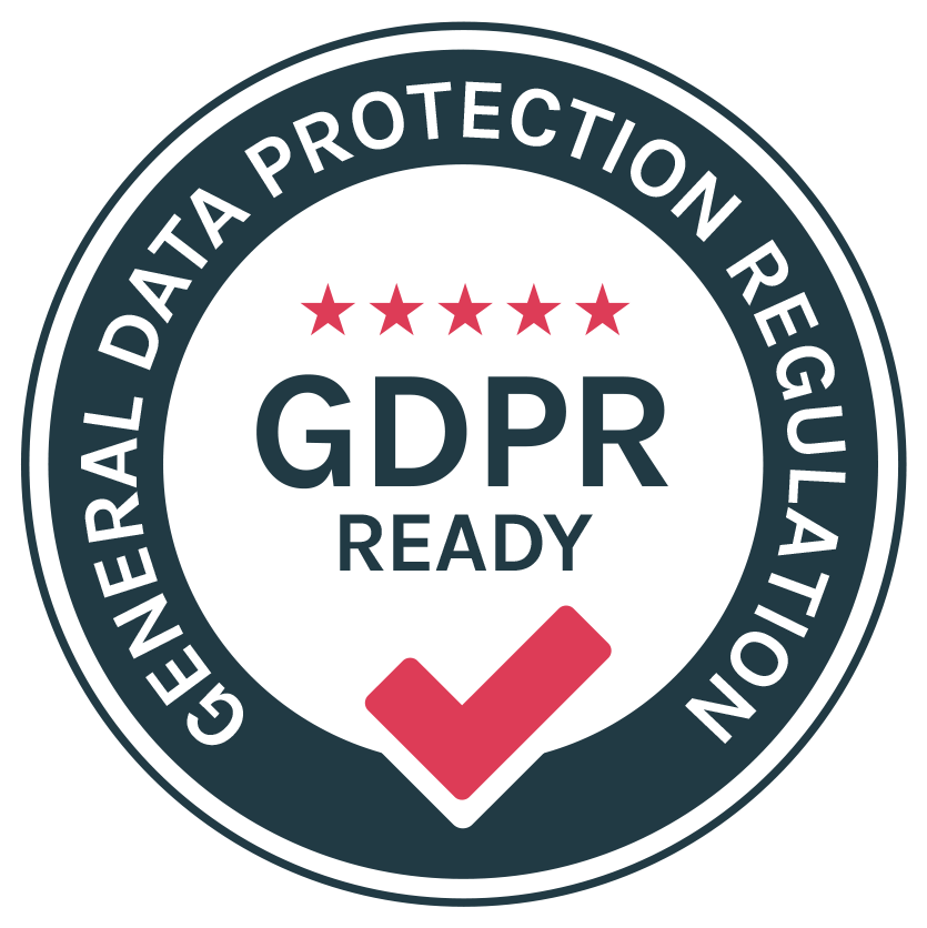 Seal with text 'General Data Protection Regulation' around the edge, 'GDPR Ready' in the center, five red stars above, and a red checkmark below.